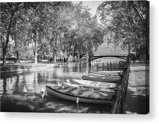 Annecy Acrylic Print featuring the photograph European Canal Scenes Annecy France Black and White by Carol Japp
