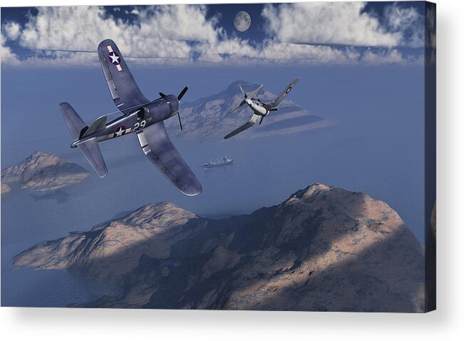 Air Attack Acrylic Print featuring the drawing F4U Corsairs about to attack a Japanese cargo ship during World War II. by Mark Stevenson/Stocktrek Images