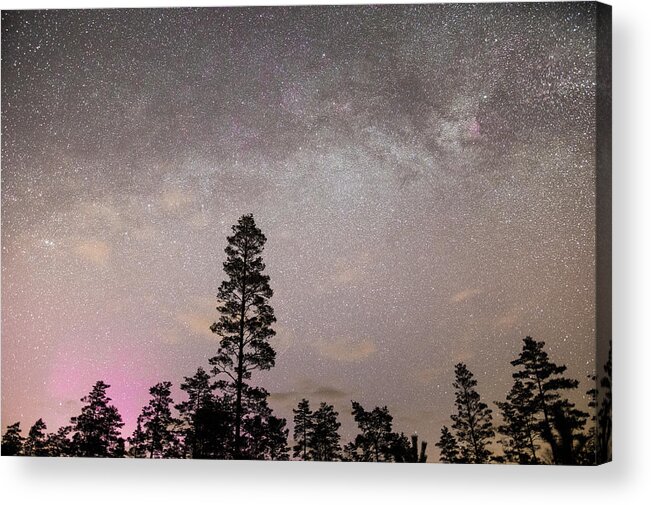 Landscape Acrylic Print featuring the photograph Faint pink aurora meeting the Milky way by Maria Dimitrova