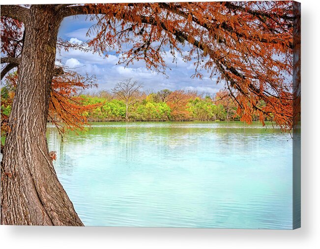 Texas Hill Country Acrylic Print featuring the photograph Fall's Touch at Kerrville Lake by Lynn Bauer