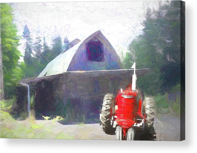 Barn Acrylic Print featuring the digital art Farm and Barn Tractor by Cathy Anderson