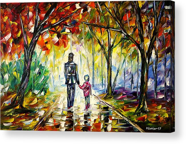 Autumn Walk Acrylic Print featuring the painting Father With Daughter In The Park by Mirek Kuzniar
