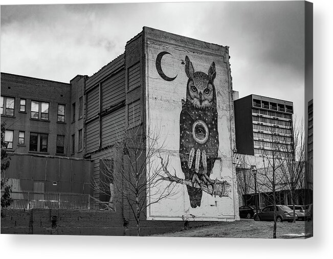 Fayetteville Acrylic Print featuring the photograph Fayetteville Arkansas Owl and Moon Mural - Black and White by Gregory Ballos
