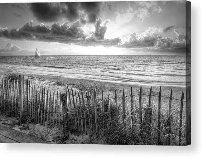 Black Acrylic Print featuring the photograph Fences on the Sand Dunes Black and White by Debra and Dave Vanderlaan