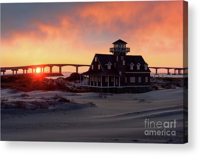 Sunset Over The Old Oregon Inlet Life Saving Station Along North Carolina's Outer Banks. Acrylic Print featuring the photograph Fire over the Inlet by Anthony Heflin