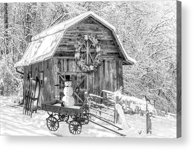 White Acrylic Print featuring the photograph First Snowman of the Season Black and White by Debra and Dave Vanderlaan