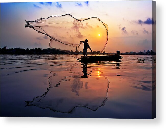 Three Quarter Length Acrylic Print featuring the photograph Fisherman at Chaophaya river by Arthit Somsakul