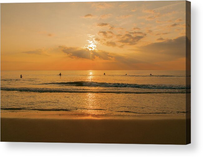 Surfing Acrylic Print featuring the photograph Five Surfers at Sunrise by John Quinn