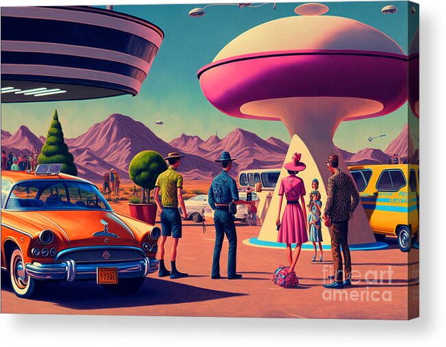 Flying Acrylic Print featuring the mixed media Flying Saucer Frenzy IX by Jay Schankman