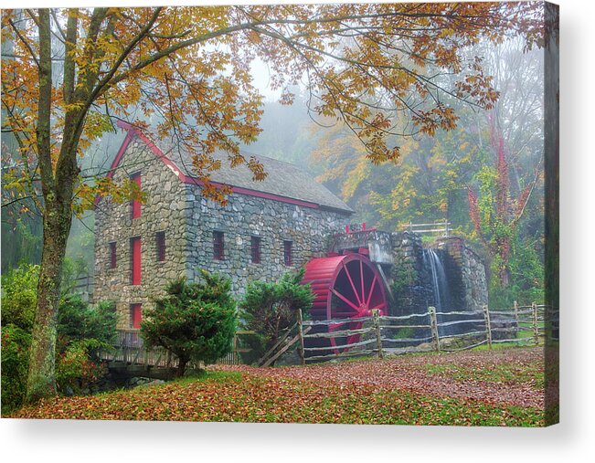 New England Fall Foliage Acrylic Print featuring the photograph Fog and Fall Colors at the Sudbury Grist Mill by Juergen Roth