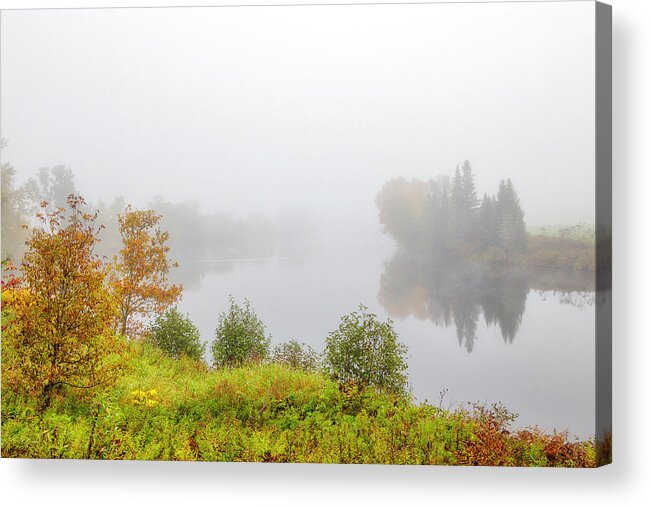 Connecticut River Acrylic Print featuring the photograph Foggy Morning and Fall Foliage at the Connecticut River by Juergen Roth