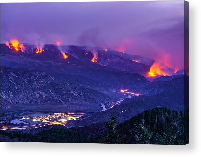 Scenics Acrylic Print featuring the photograph Forest Fire Raging Wildfire at Night by Adventure_Photo