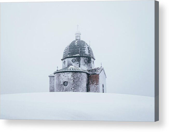 Radhost Acrylic Print featuring the photograph Frozen historical chapel - White colour by Vaclav Sonnek