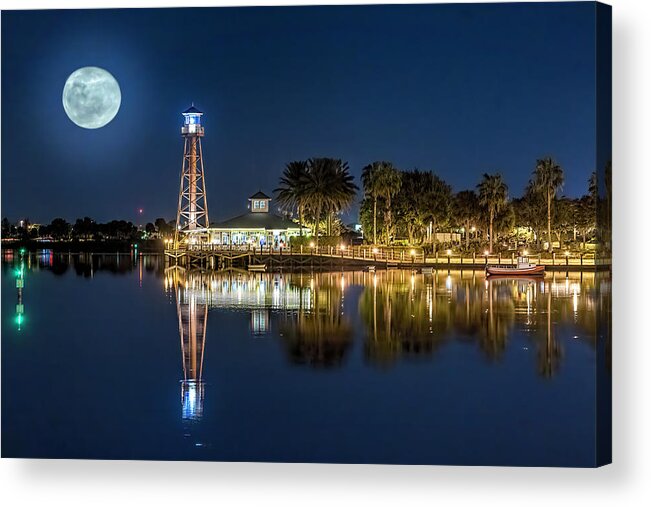 The Villages Acrylic Print featuring the photograph Full Moon over Lake Sumter Landing #2 by Betty Eich