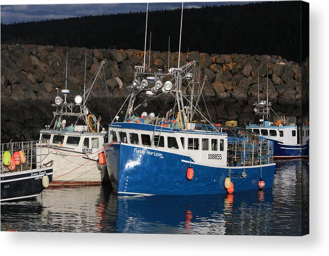 Habour Bits Sea Ocean Land Red Blue Pier Jetty Mooring Nova Scotia Loading Acrylic Print featuring the photograph Fundy by David Matthews