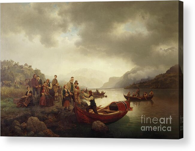 Hans Gude Acrylic Print featuring the painting Funeral on Sognefjord, 1853 by O Vaering by Hans Gude and Adolph Tidemand