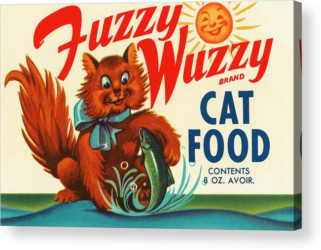 Vintage Acrylic Print featuring the drawing Fuzzy Wuzzy Brand Cat Food by Vintage Food Labels