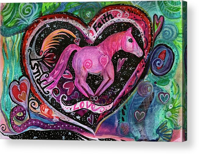 Horse Acrylic Print featuring the mixed media Galloping Horse of Love, Faith, Trust by Sandy Rakowitz