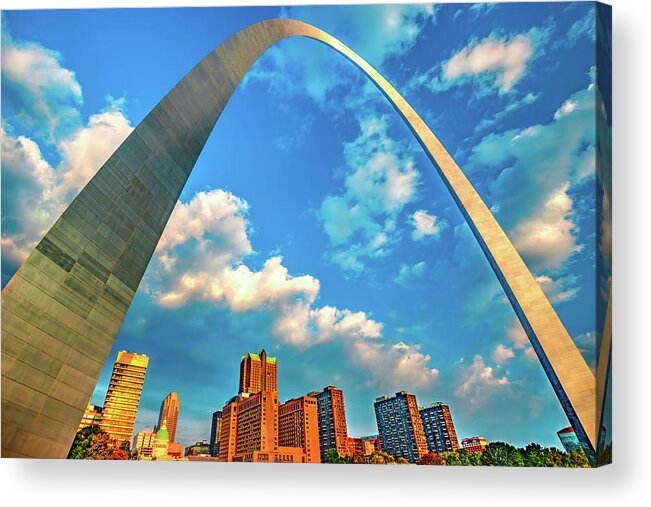 St Louis Skyline Acrylic Print featuring the photograph Gateway Arch and Saint Louis Skyline Sunrise - Dynamic Light by Gregory Ballos