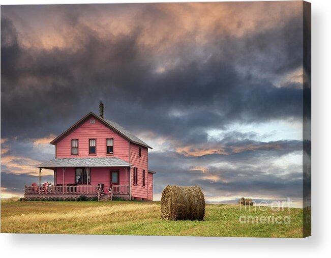 Typical Acrylic Print featuring the photograph rchitecture of the Magdalen Islands, where all the wooden houses are brightly painted. Sunset shot of a house on the hill. Image taken from a public position. by Jane Rix