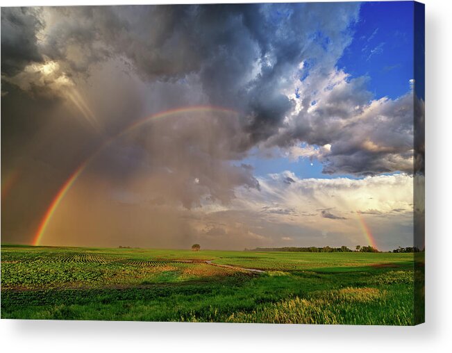 Rainbow Acrylic Print featuring the photograph Genesis 9 13 - Rainbow in spectacular ND sky with sunbeams soybeans and nearly full moon peeking in by Peter Herman