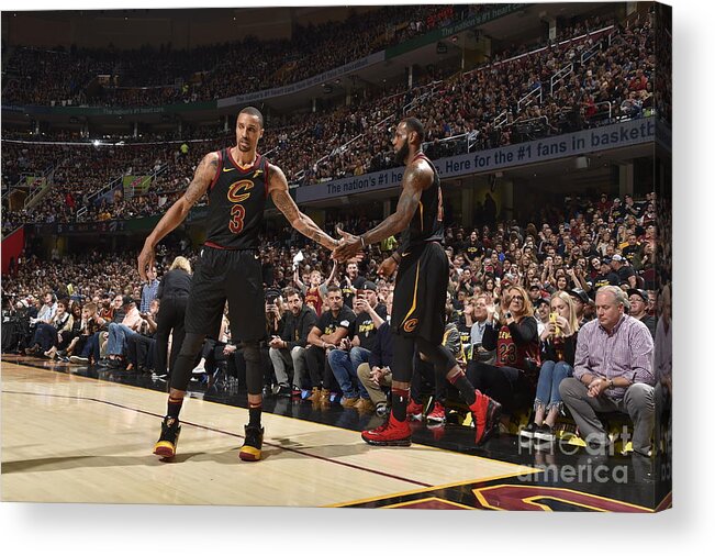 George Hill Acrylic Print featuring the photograph George Hill and Lebron James by Jeff Haynes