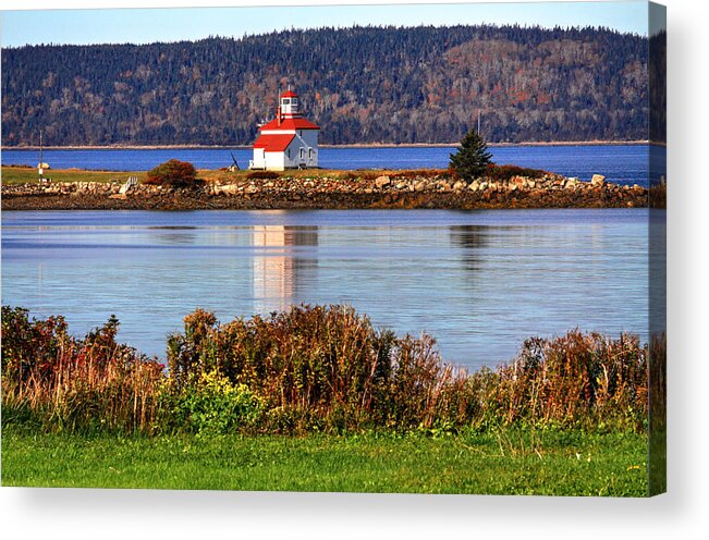 Gilberts Cove Lighthouse Nova Scotia Canada Trees Light Sea Bush Blue Red Acrylic Print featuring the photograph Gilberts Cove Lighthouse by David Matthews