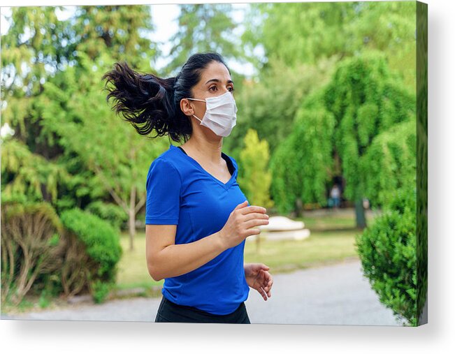 Protective Face Mask Acrylic Print featuring the photograph Girl Running With Mask by RainStar