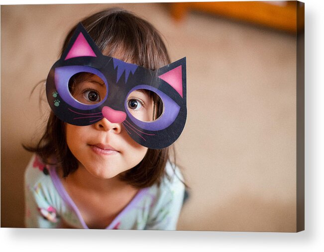 Child Acrylic Print featuring the photograph Girl wearing cat mask by Laura Olivas
