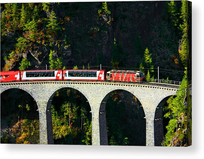 Glacier Express Acrylic Print featuring the photograph Glacier Express on the Landwasser Viadukt by Steve Ember