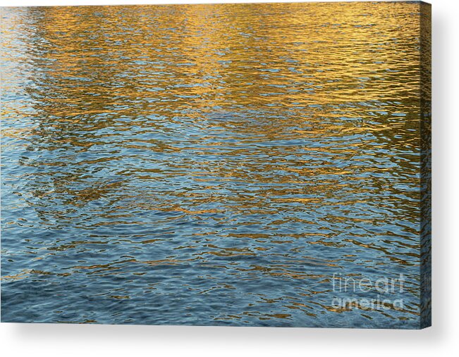 Mediterranean Sea Acrylic Print featuring the photograph Golden and blue water surface at sunrise. Mediterranean Sea by Adriana Mueller