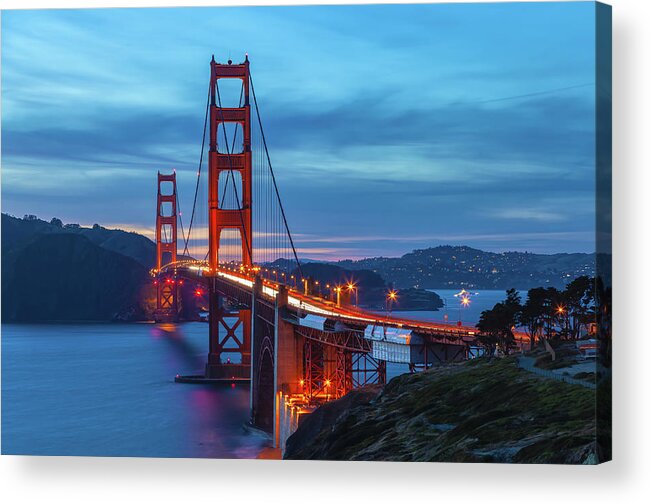 Shoreline Acrylic Print featuring the photograph Golden Gate At Nightfall by Jonathan Nguyen