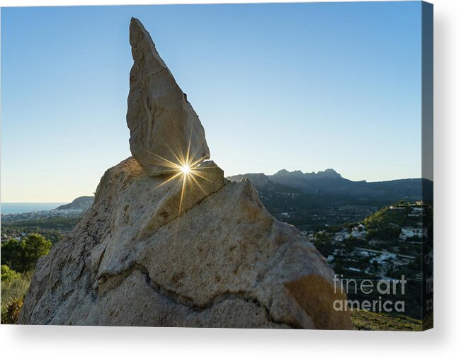 Mountain Landscape Acrylic Print featuring the photograph Golden sunbeams, rocks and blue sky by Adriana Mueller