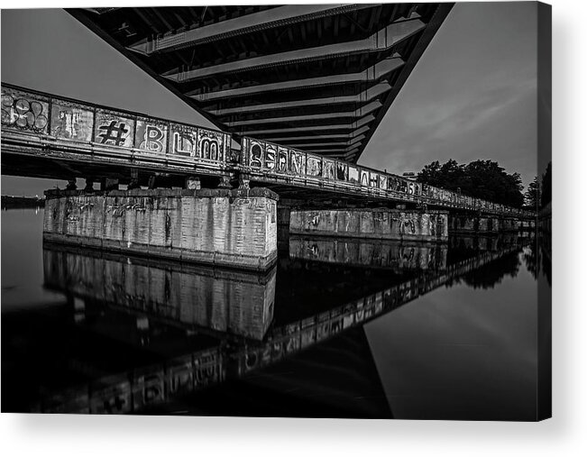 Boston Acrylic Print featuring the photograph Graffiti Under the BU Bridge Boston MA Charles River Reflection Black and White by Toby McGuire
