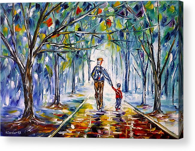 Autumn Walk Acrylic Print featuring the painting Grandpa With Grandson by Mirek Kuzniar