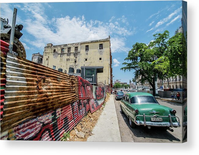 Cuba Acrylic Print featuring the photograph Green car on the street. Havana, Cuba by Lie Yim