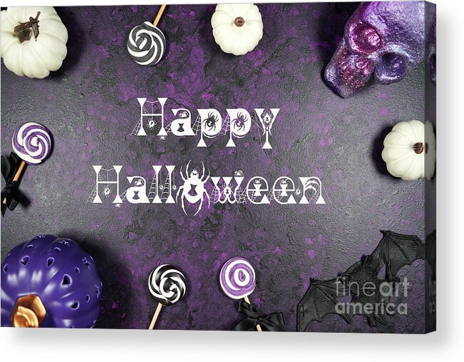 Halloween Acrylic Print featuring the photograph Halloween trick or treat flatlay on purple background with white by Milleflore Images