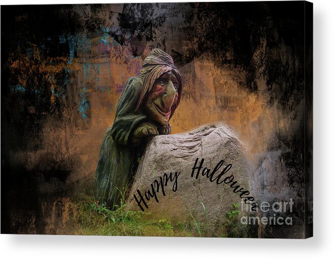 Witch Acrylic Print featuring the mixed media Halloween Witch by Eva Lechner