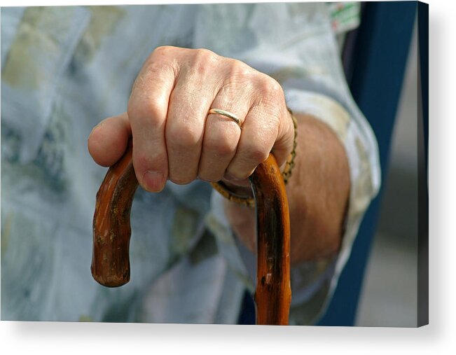 Walking Cane Acrylic Print featuring the photograph Hand Of A Man On Walking Stick by Hans-Peter Merten