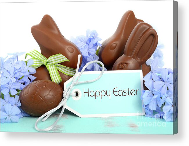 Blue Acrylic Print featuring the photograph Happy Easter chocolate bunny by Milleflore Images