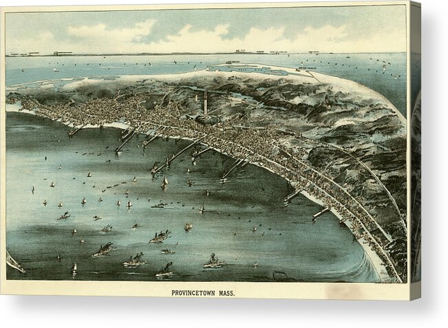 Birds-eye Acrylic Print featuring the drawing Harbor with ships at Provincetown, Massachusetts 1910 by Vintage Places