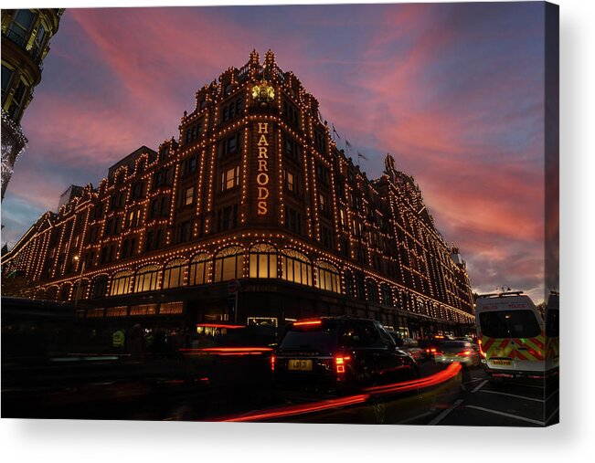 Christmas Acrylic Print featuring the photograph Harrods at sunset by Andrew Lalchan