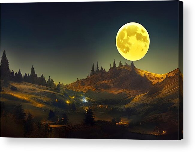 Digital Acrylic Print featuring the digital art Harvest Moon Over Farm by Beverly Read