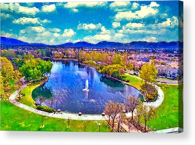Harveston Lake Acrylic Print featuring the digital art Harveston Lake and Temecula, California - digital painting by Nicko Prints