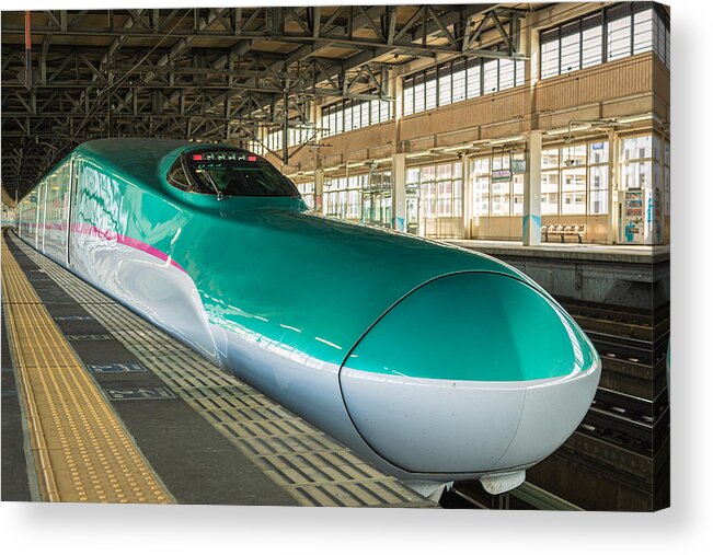 Hayabusa Shinkansen Bullet Train Japan Japanese Station Railroad Tracks Platform Asia Asian Acrylic Print featuring the photograph Hayabusa by Brad Brizek