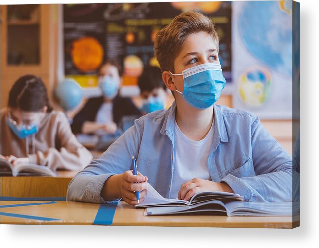 Cold And Flu Acrylic Print featuring the photograph High school boy student at school wearing N95 Face masks by Izusek