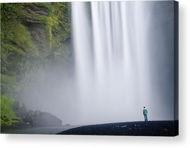 One Man Only Acrylic Print featuring the photograph Hiker admiring giant waterfall by Cultura RM Exclusive/Ben Pipe Photography