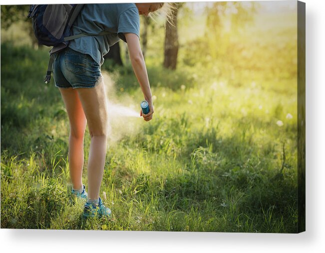 Outdoors Acrylic Print featuring the photograph Hiker applying mosquito repellent on the leg skin in the forest. by Lifemoment