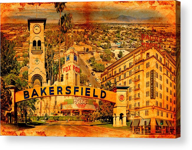 Bakersfield Acrylic Print featuring the digital art Historical buildings of Bakersfield, California, blended on old paper by Nicko Prints