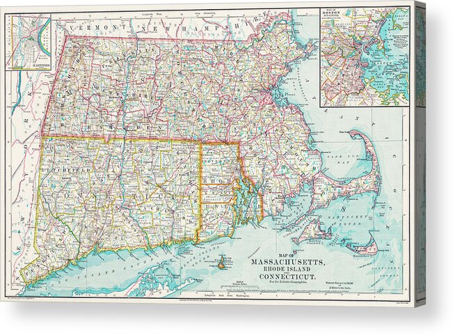 Massachusetts Map Acrylic Print featuring the photograph Historical Map of Massachusetts Rhode Island and Connecticut 1878 by Carol Japp
